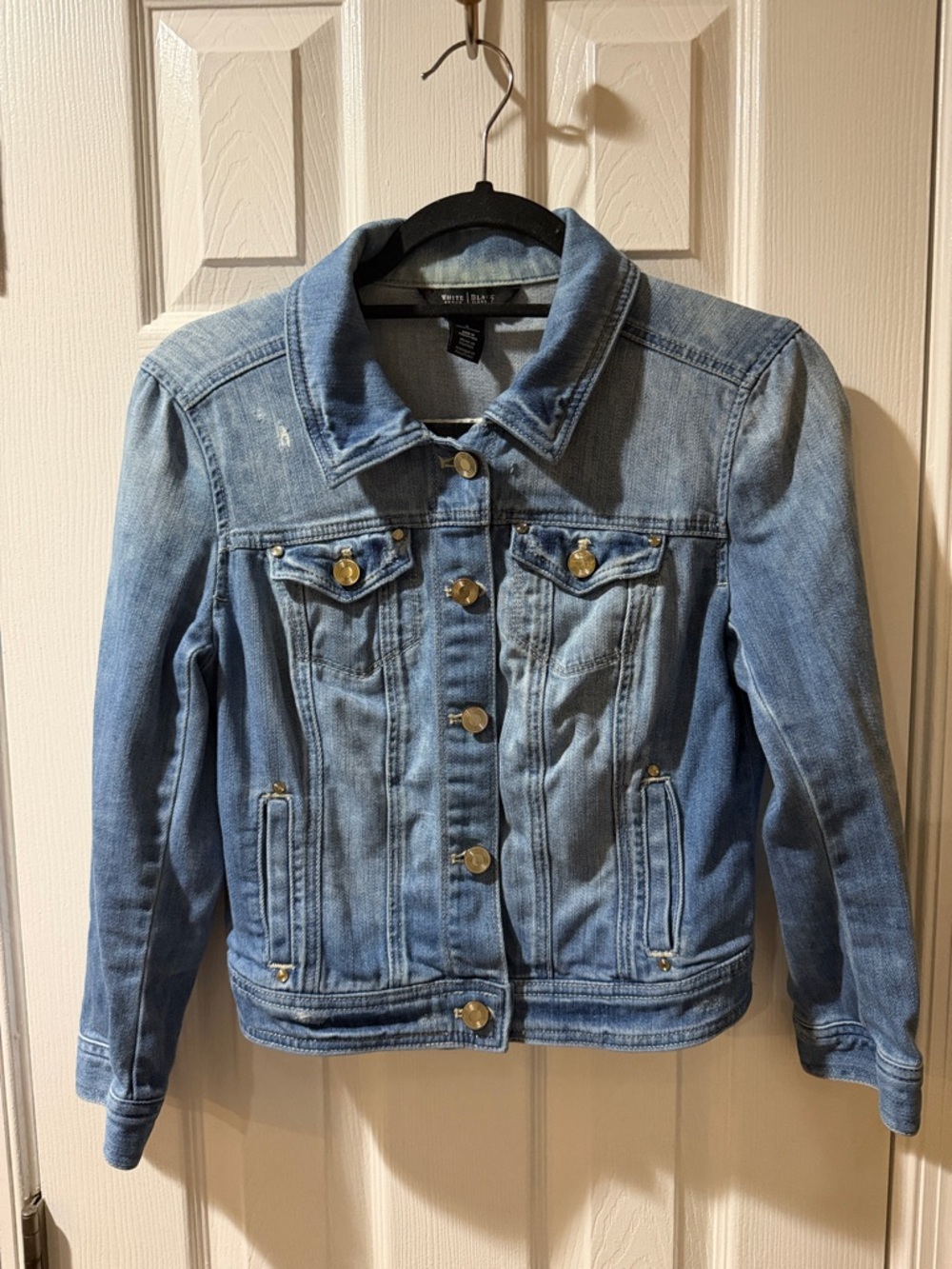 White House Black Market Cropped Light Blue Denim Jacket with Gold Buttons